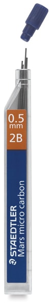 Open in modal - Staedtler Mars Fineline Leads - Package of 12 pieces of .5mm 2B hardness leads shown upright 