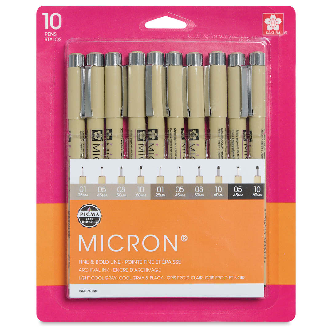 Open in modal - Sakura Pigma Micron Pens - Set of 10, Grays and Black, Fine and Bold Sizes - front of packaging