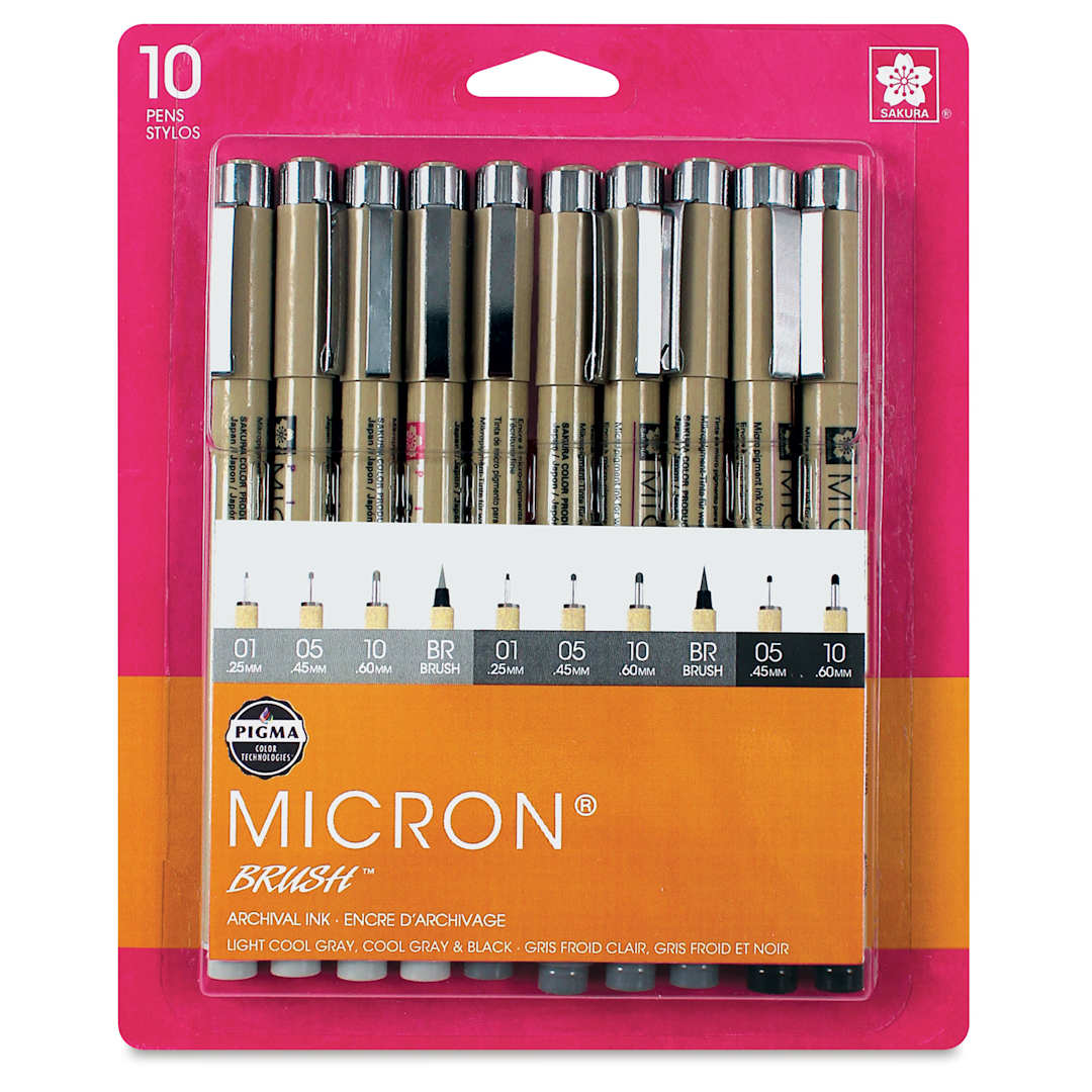 Open in modal - Sakura Pigma Brush Pens - Grays and Black, Brush and Micron, Set of 10