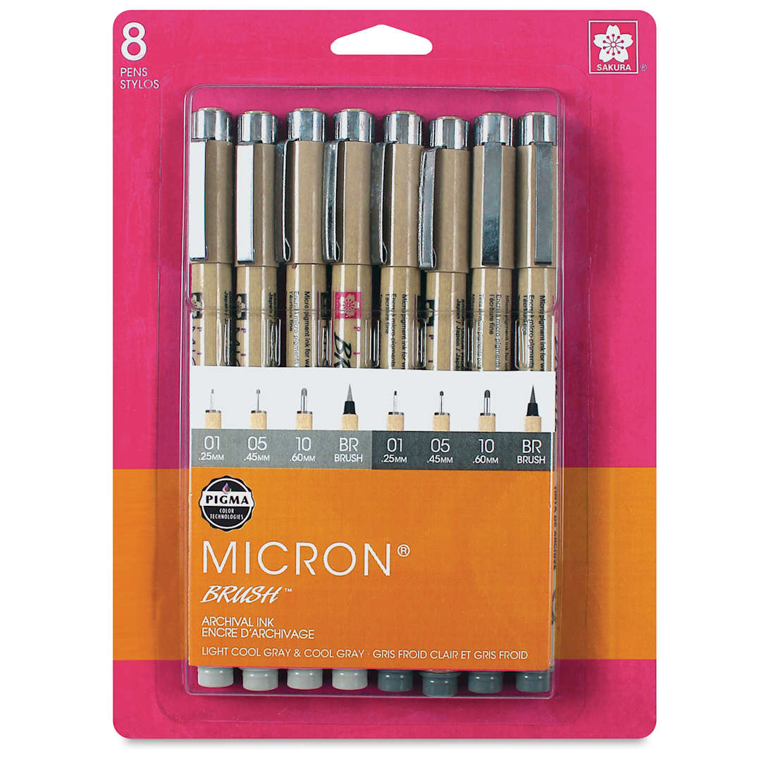 Open in modal - Sakura Pigma Brush Pens - Light Cool and Cool Gray, Brush and Micron, Set of 8