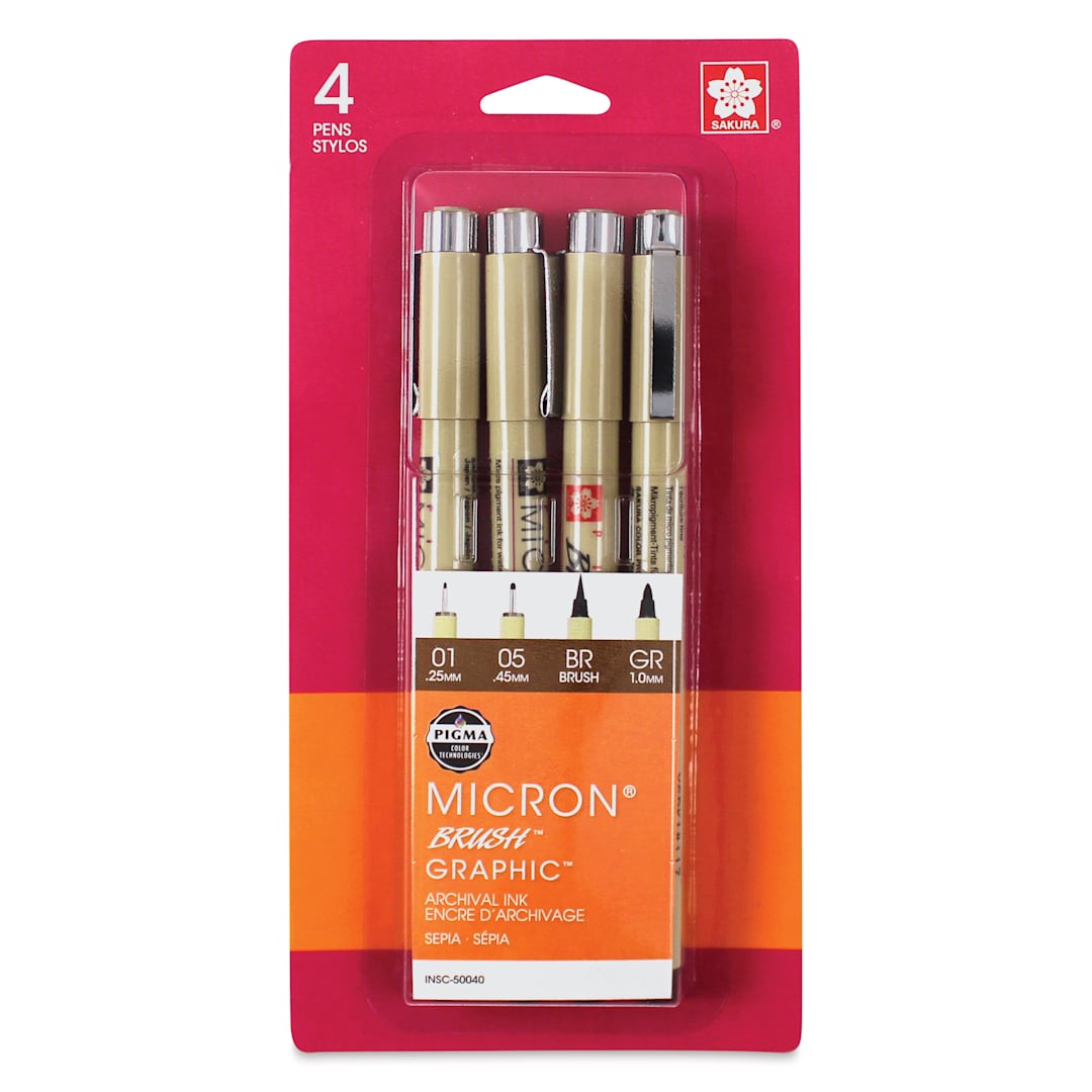 Open in modal - Sakura Pigma Micron, Brush and Graphic Markers - Set of 4, Sepia, Assorted Sizes, front of packaging