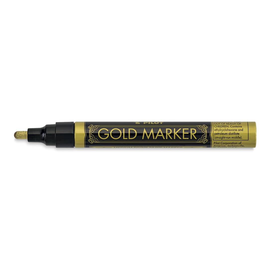 Open in modal - Pilot Gold Marking Pen - Medium Point Gold Pen shown horizontally with cap off