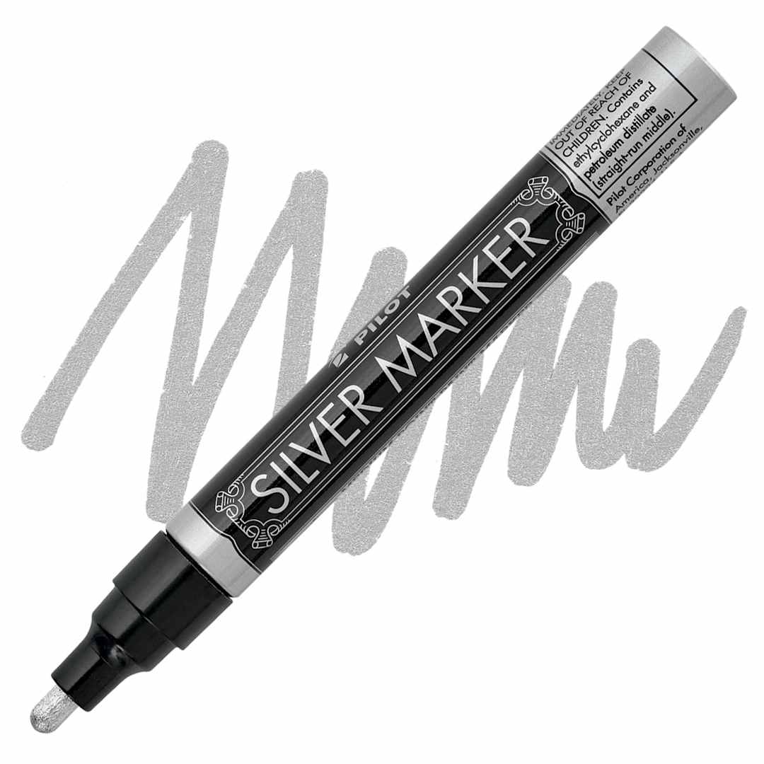 Open in modal - Pilot Silver Marker - Silver, Medium Point marker and swatch