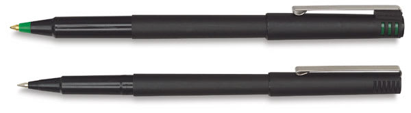 Open in modal - Uni-Ball Pens - Green and Black Ink pens shown horizontally and uncapped
