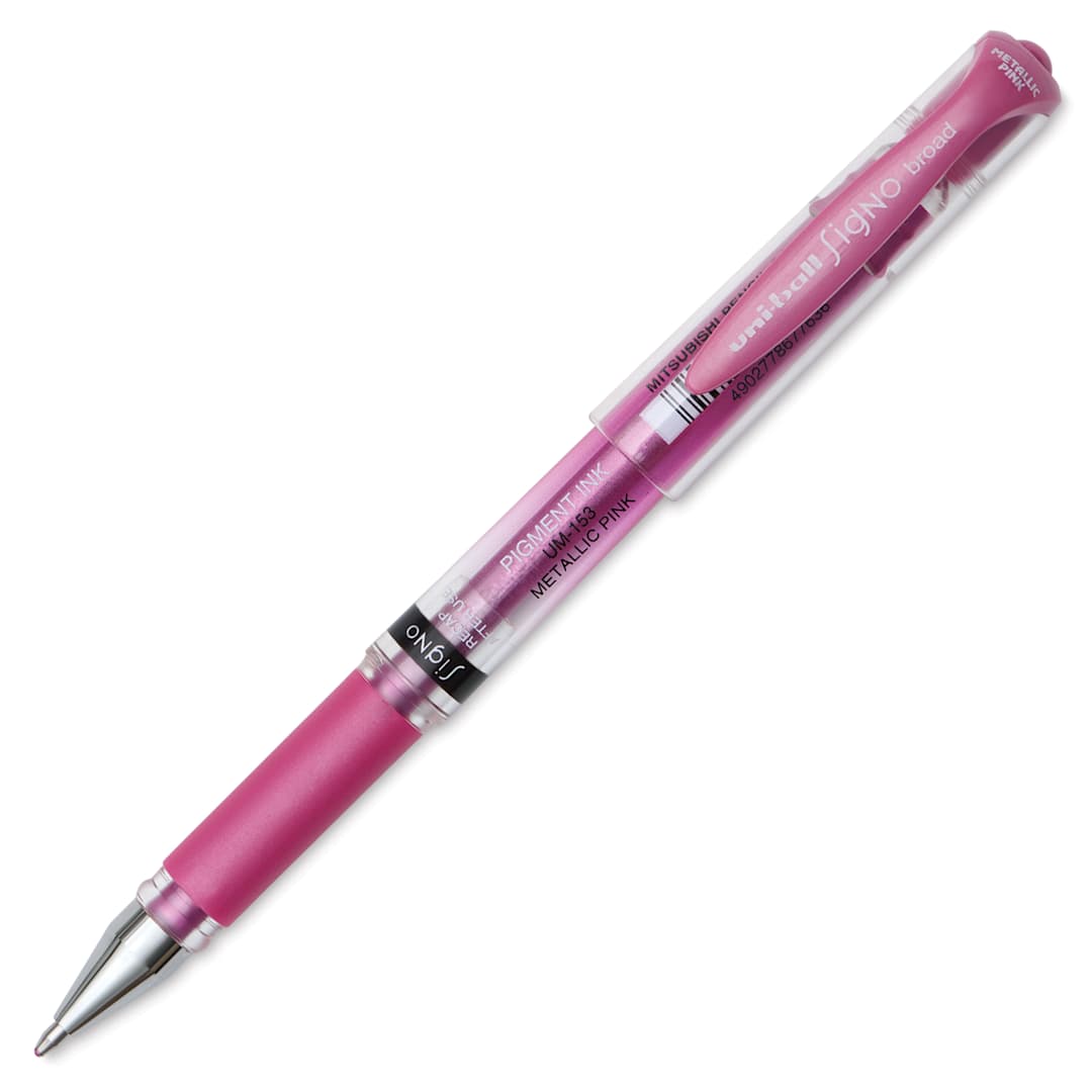 Open in modal - Uni-Ball Signo Impact Rollerball Gel Pen - Metallic Pink, cap off