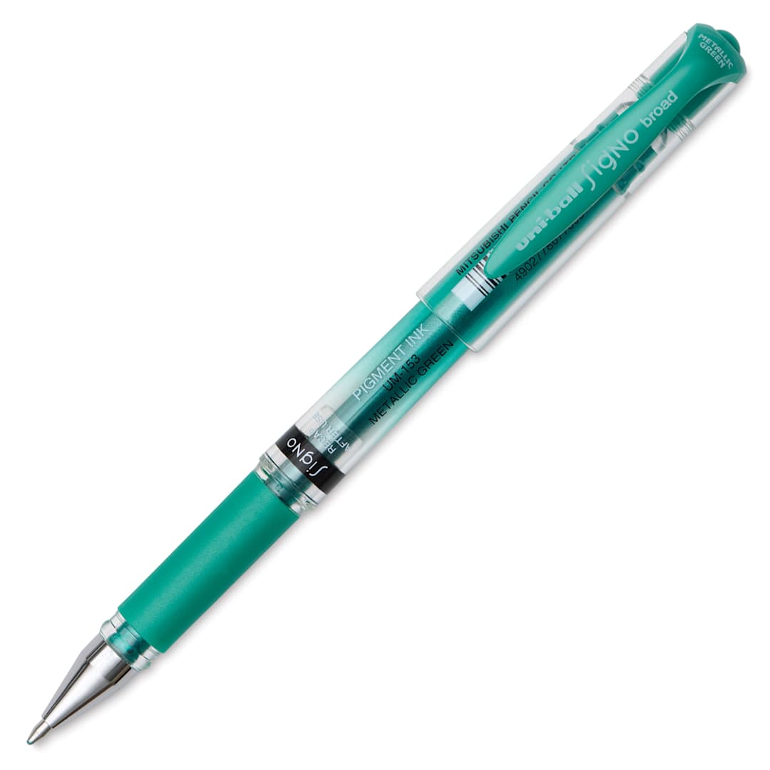 Open in modal - Uni-Ball Signo Impact Rollerball Gel Pen - Metallic Green, cap off