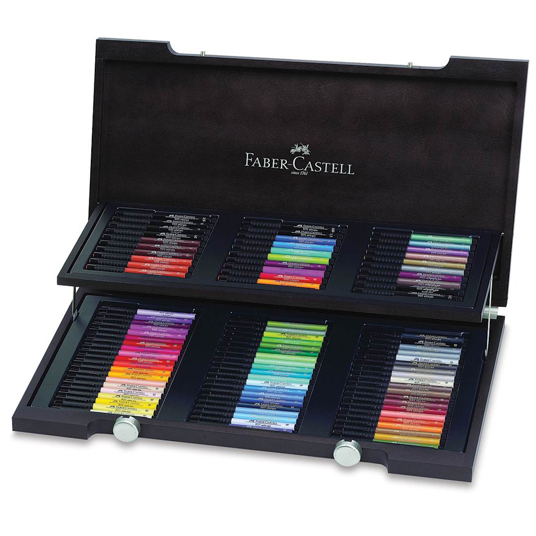 Open in modal - Faber-Castell Pitt Artist Pens - Assorted Colors, Assorted Nibs, Set of 90 (Box open, two trays of pens)  