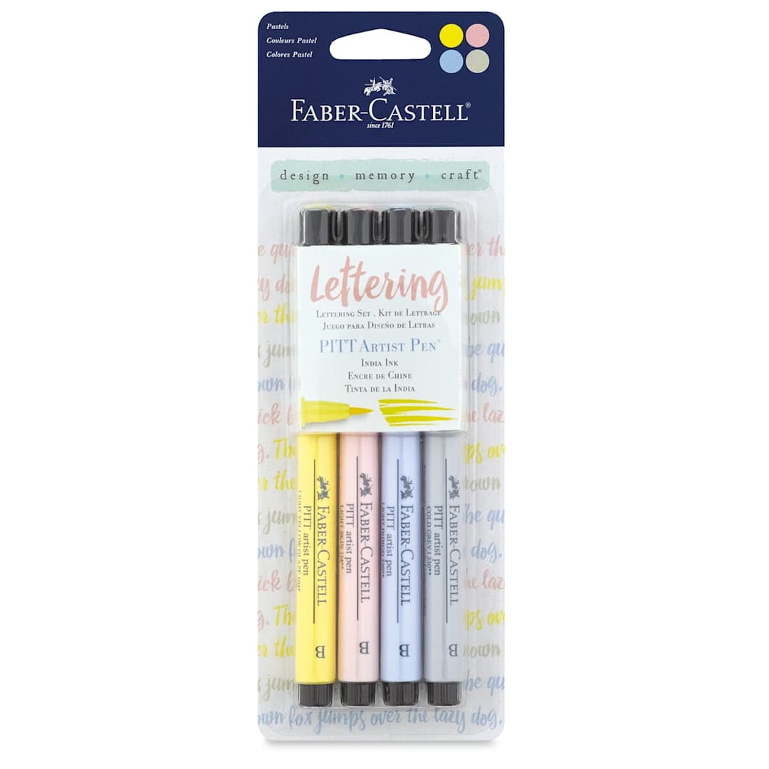 Open in modal - Faber-Castell Pitt Artist Pens - Pastel Colors Lettering Set, Set of 4, Brush Nib (front of package)