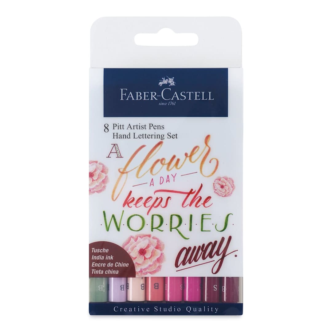 Open in modal - Faber-Castell Pitt Artist Pen Set - A Flower A Day Lettering Set, Set of 8 (front of package)