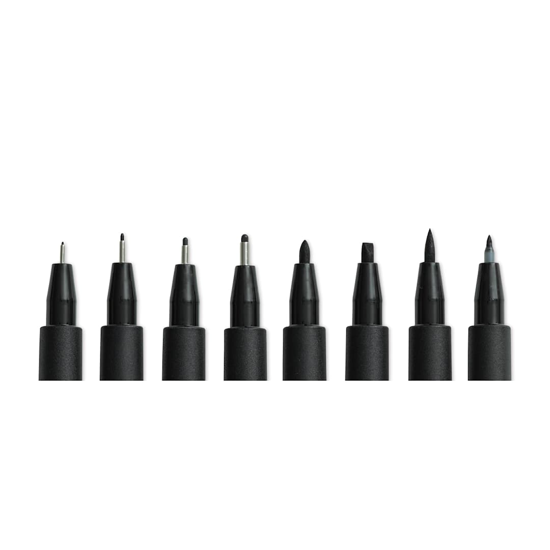 Open in modal - Faber-Castell Pitt Artist Pens- Black, Set of 8, Assorted Nibs (close-up of nibs)