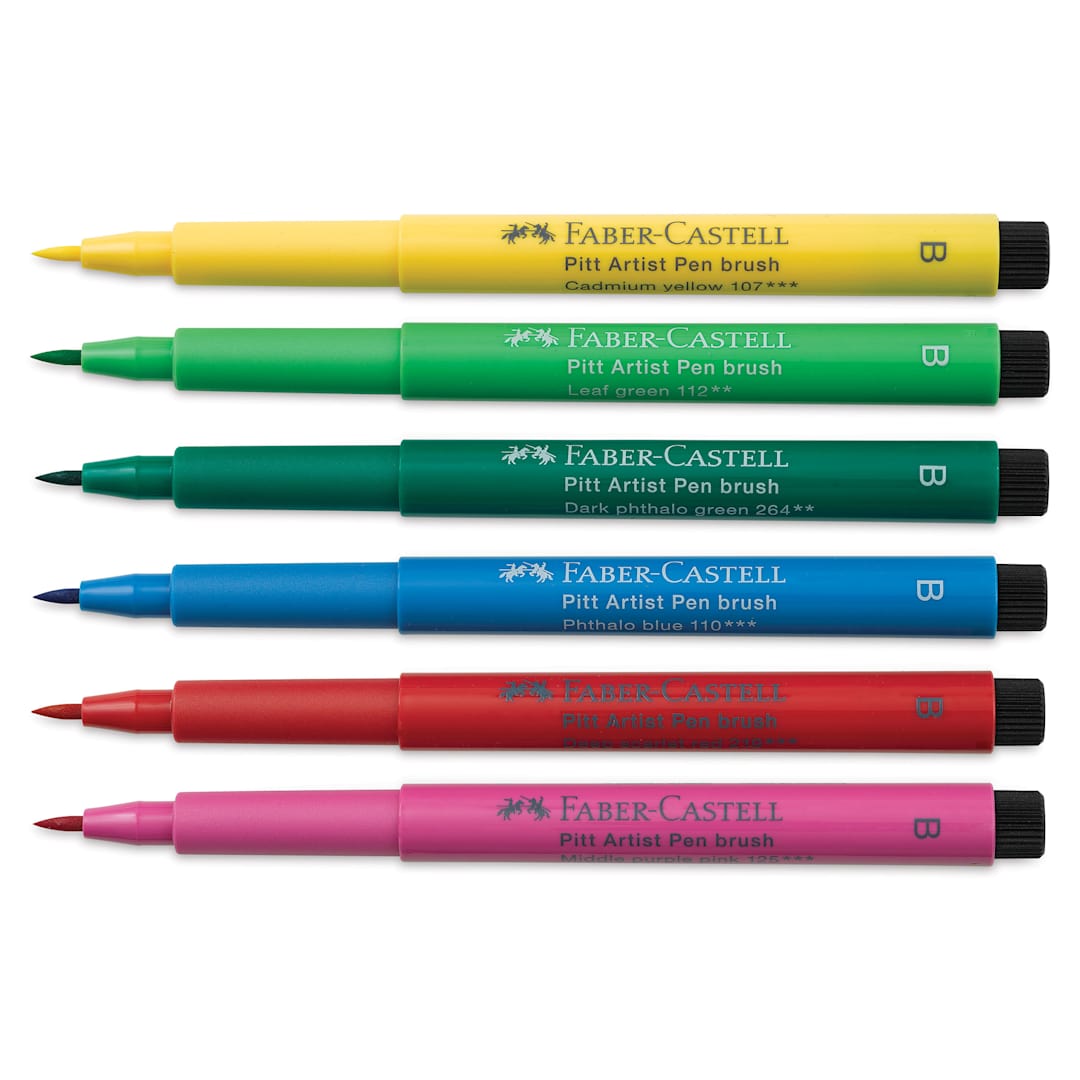 Open in modal - Faber-Castell Pitt Artist Pens- Springtime Colors, Set of 6, Brush Nib (markers with caps removed)