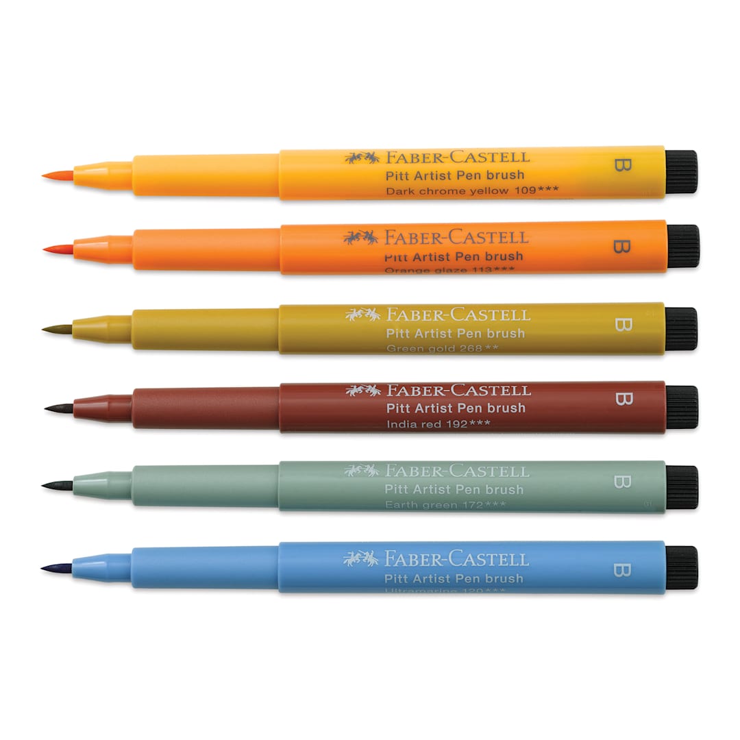 Open in modal - Faber-Castell Pitt Artist Pens- Harvest Colors, Set of 6, Brush Nib (markers with caps removed)