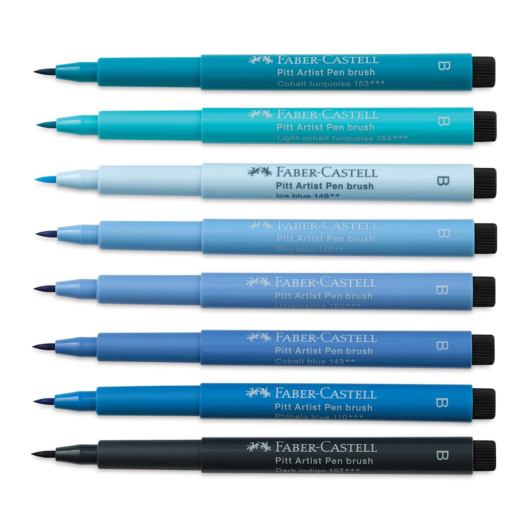 Open in modal - Faber-Castell Pitt Artist Pens- The Blues, Set of 7, Brush Nib (markers with caps removed)