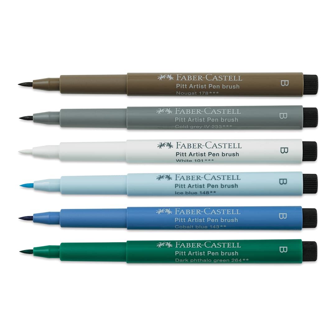 Open in modal - Faber-Castell Pitt Artist Pens- Winterlude, Set of 6, Brush Nib (pens with caps removed)