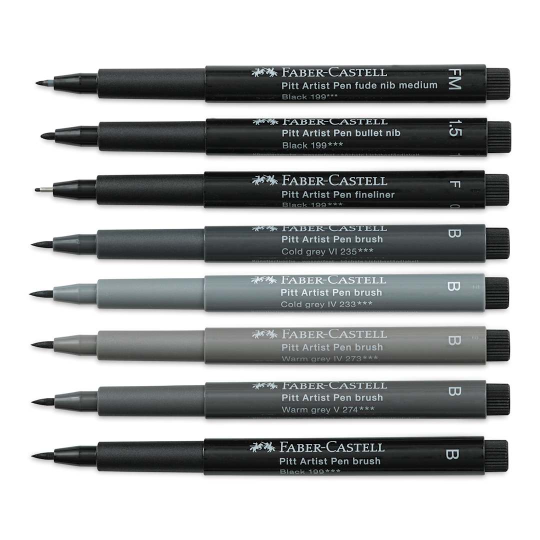 Open in modal - Faber-Castell Pitt Artist Pens- Black and Gray, Set of 8, Assorted (pens with caps removed)