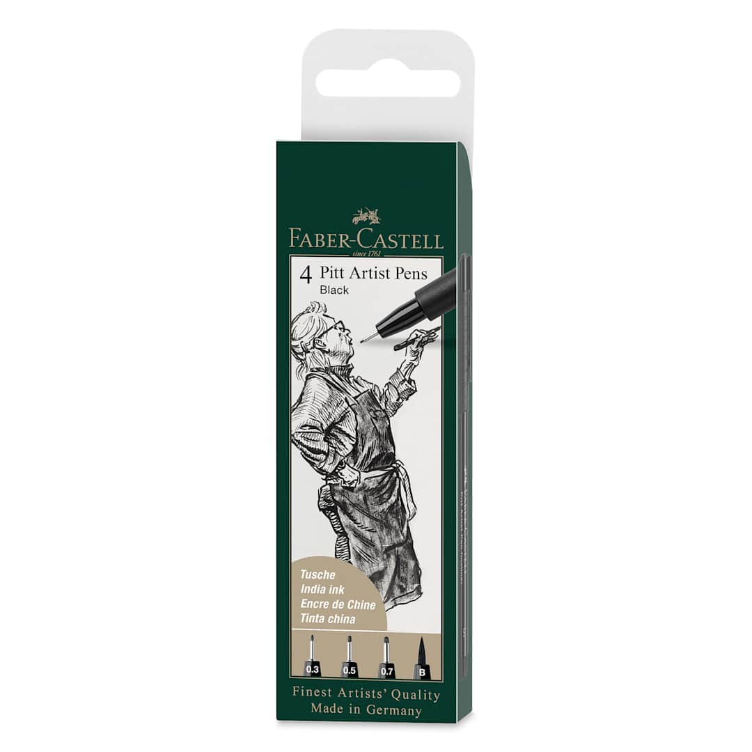 Open in modal - Faber-Castell Pitt Artist Pen Set - Black Wallet Set, Set of 4, Assorted Nibs
