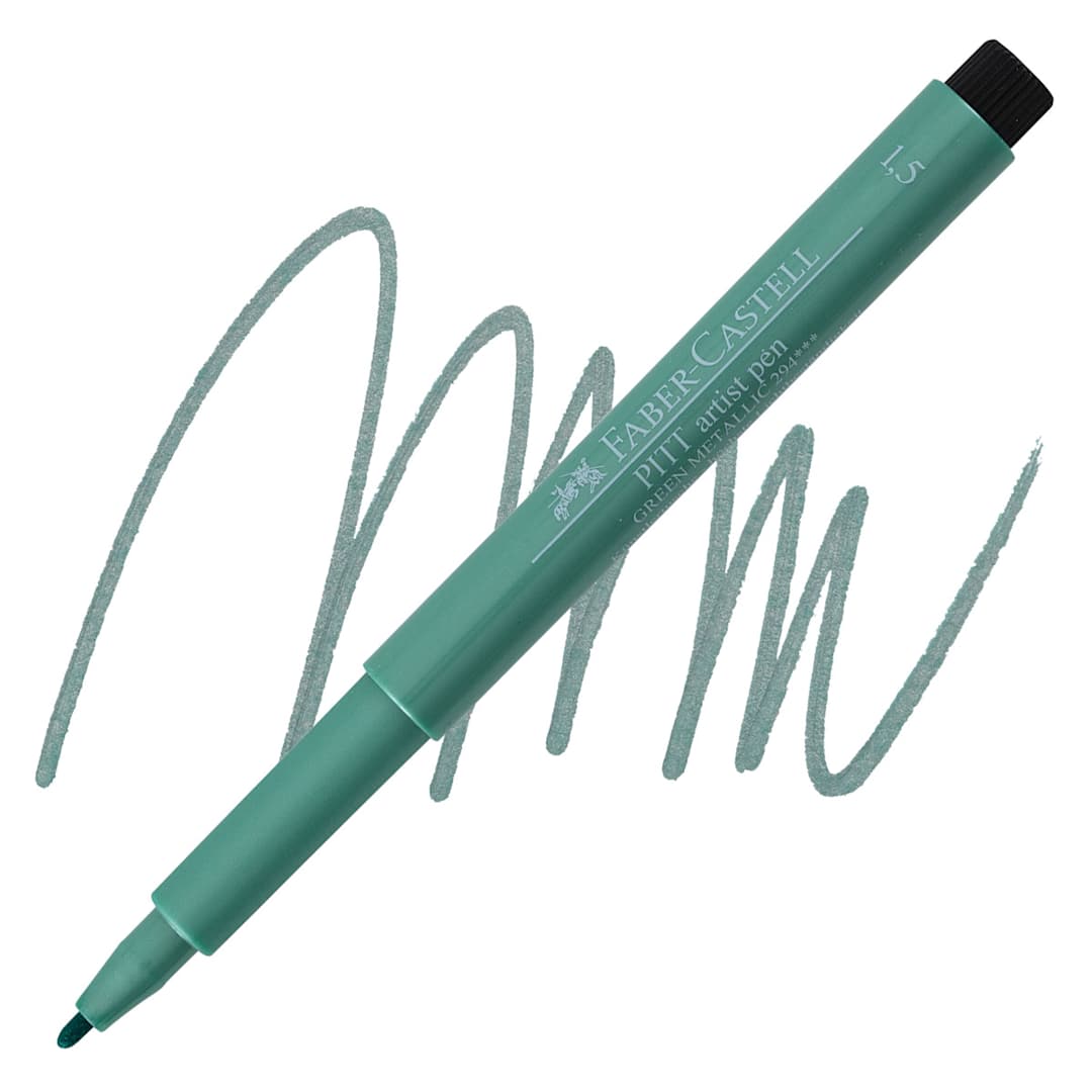 Open in modal - Faber-Castell Pitt Artist Pen - Green Metallic, Bullet Nib pen and swatch