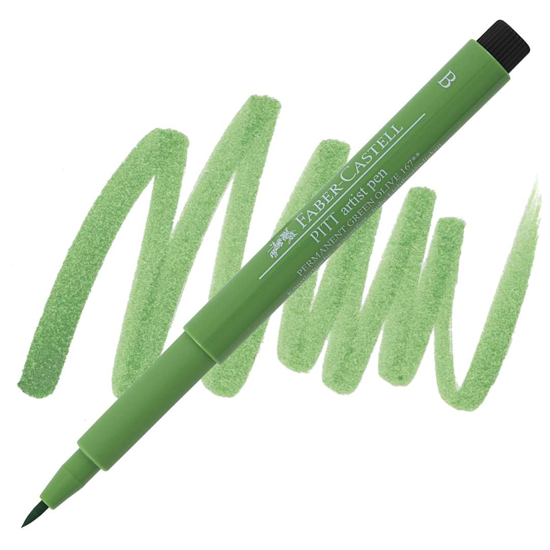 Open in modal - Faber-Castell Pitt Artist Pen - Permanent Green Olive, Brush Nib pen and swatch