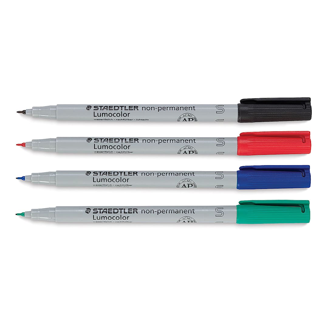 Open in modal - Staedtler Lumocolor Non-Permanent Markers - Set of 4 Superfine Markers, horizontal and uncapped
