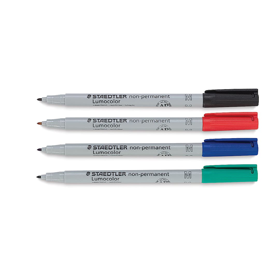 Open in modal - Staedtler Lumocolor Non-Permanent Markers - Set of 4 Medium Markers shown horizontally and uncapped