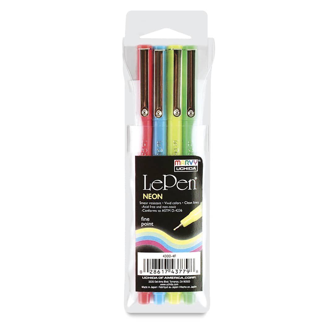 Open in modal - Marvy Uchida LePen Fine Line Marker Set  - Neon Colors, Set of 4, front of the packaging