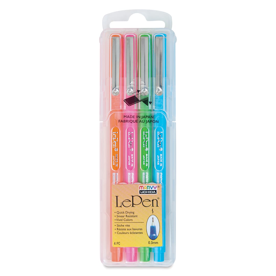 Open in modal - Marvy Uchida LePen Fine Line Marker Set  - Bright Colors, Set of 4, front of the packaging