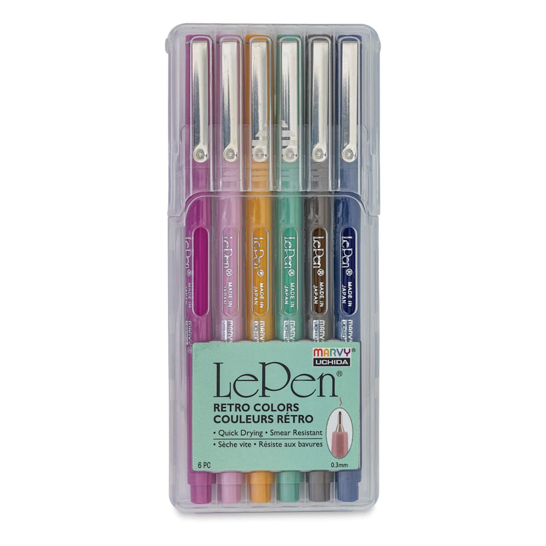 Open in modal - Marvy Uchida LePen Fine Line Marker - Retro Colors, Set of 6, front of the packaging