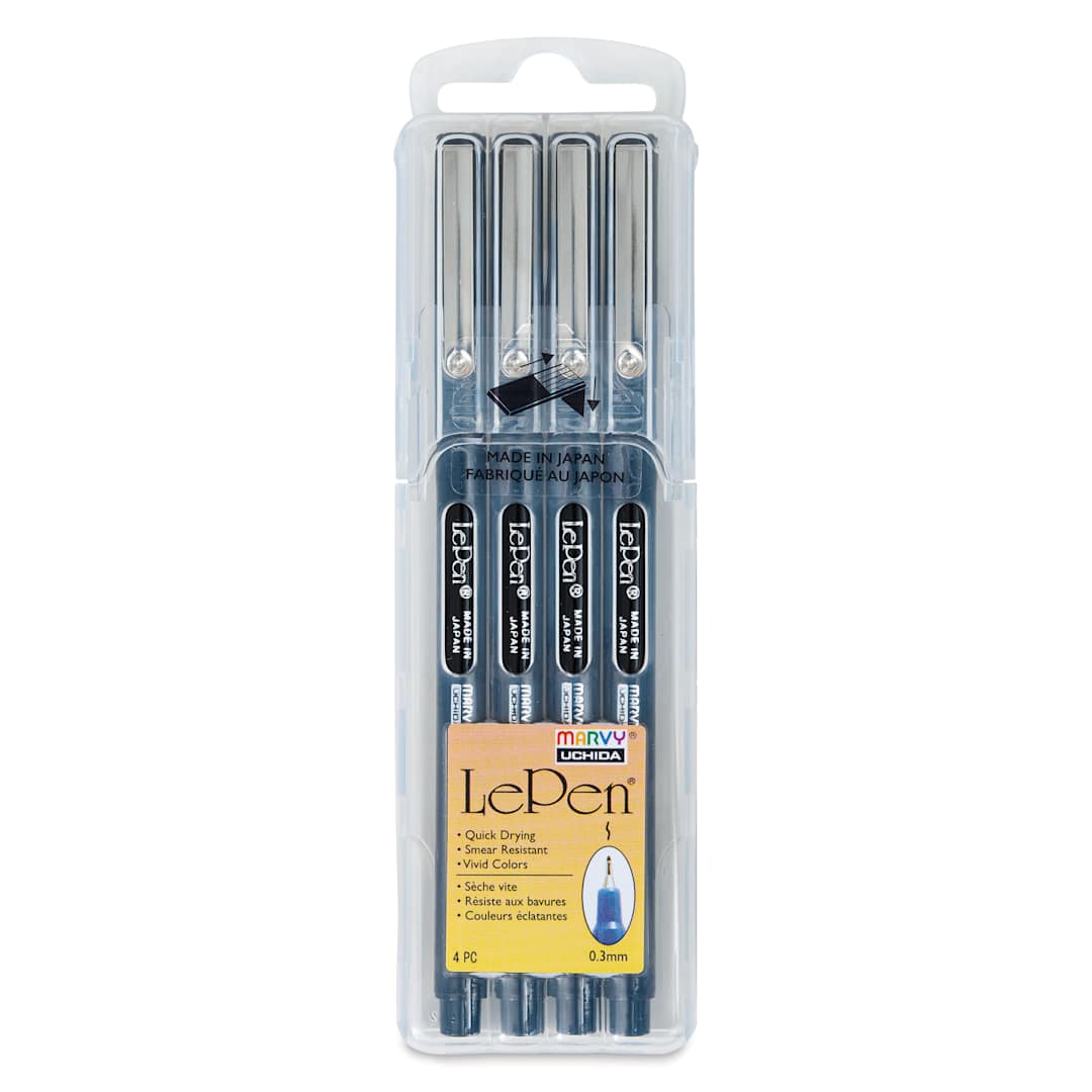 Open in modal - Marvy Uchida LePen Fine Line Marker Set  - Blacks, Set of 4, front of the packaging