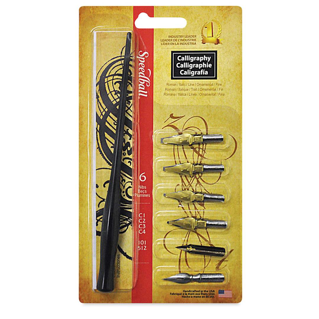 Open in modal - Speedball Calligraphy Project Set - Front of package showing 6 nibs and holder
