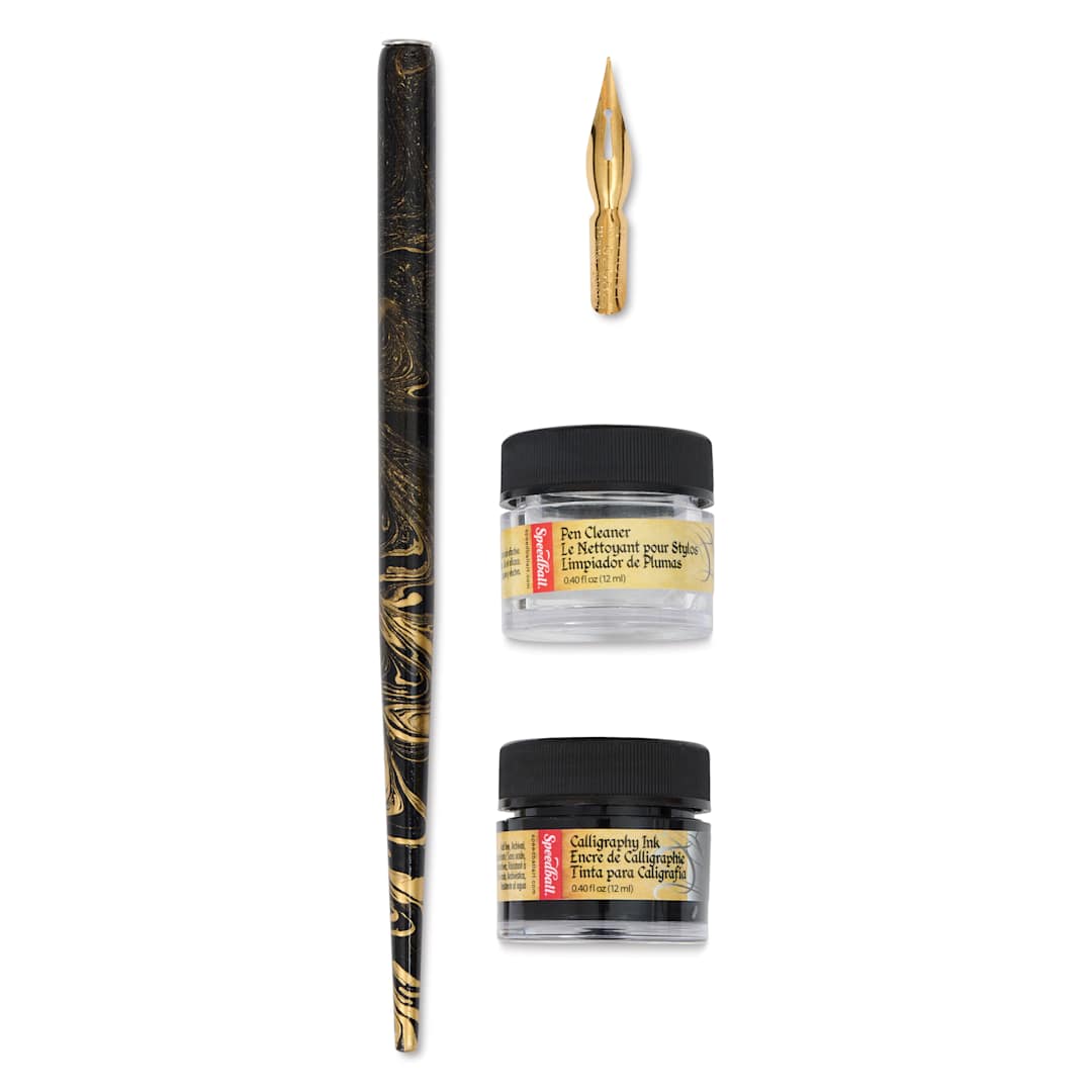 Open in modal - Speedball Signature Series Calligraphy Pen Set - Black Ink and Cleaner, contents laid out