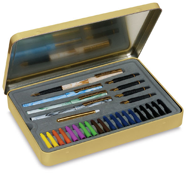 Open in modal - Staedtler Calligraphy Pen Set - Components of set shown in storage tin
