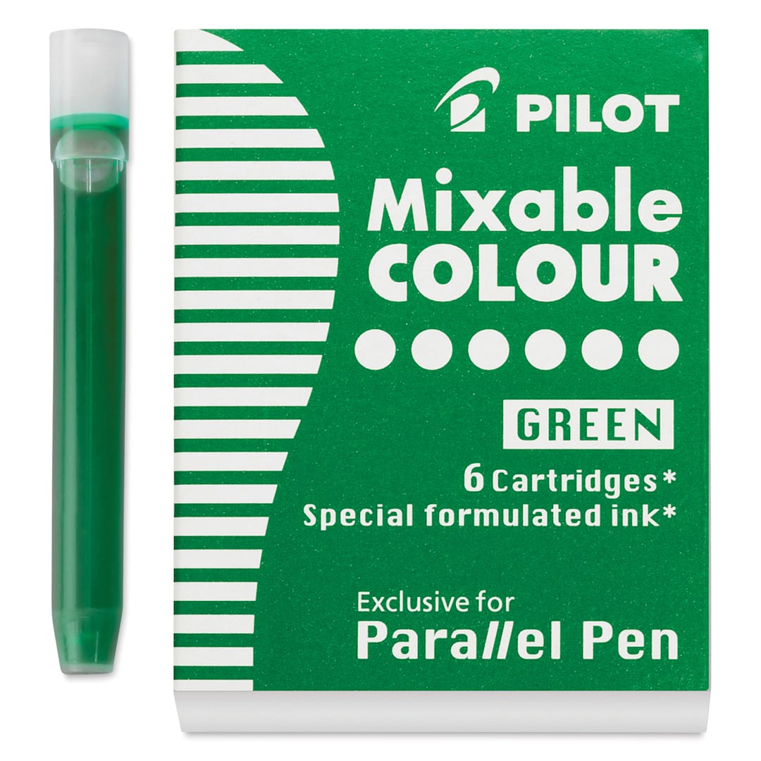 Open in modal - Pilot Parallel Pen Mixable Colour Ink Refills - Green, single cartridge next to packaging