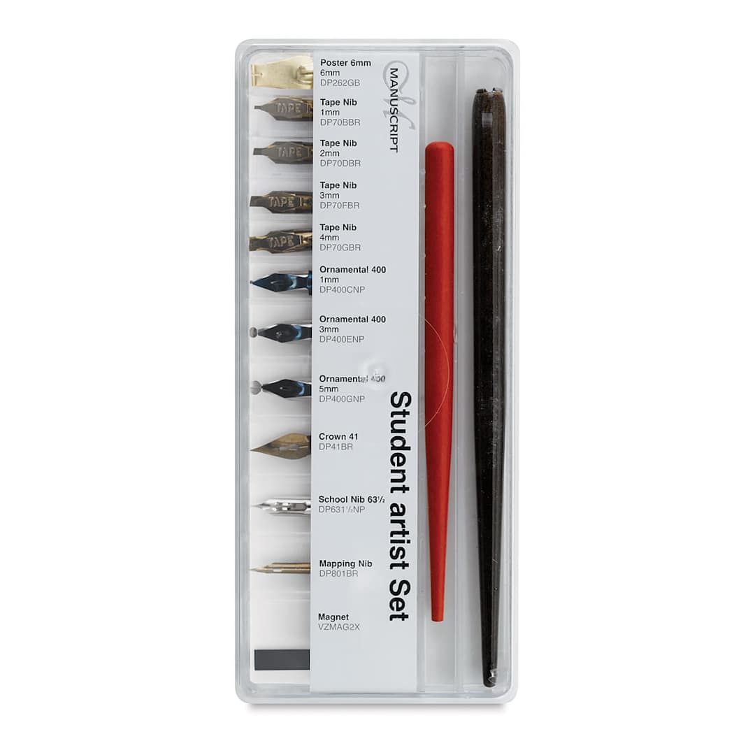 Open in modal - Manuscript Nib Sets - Front view of Student Artist Nib set in packaging showing components
