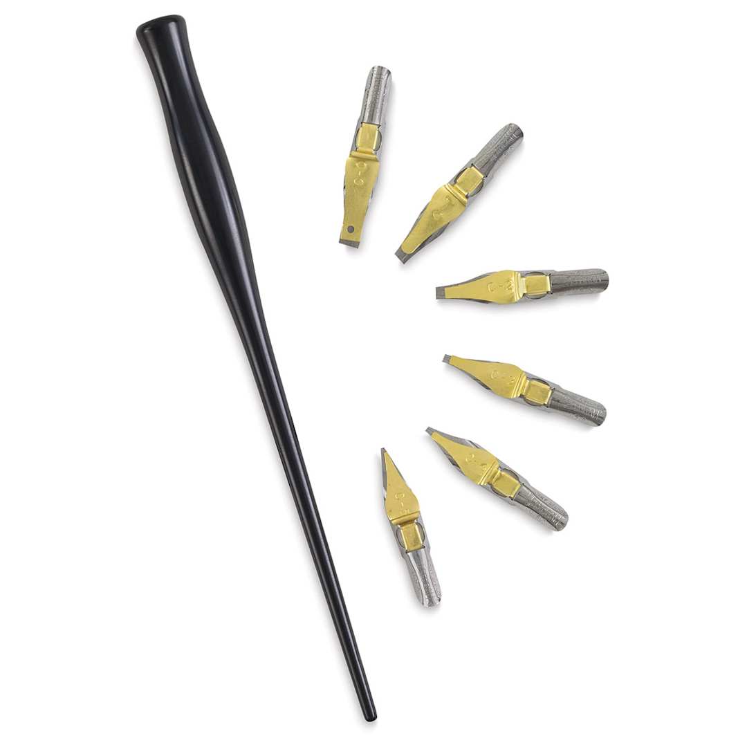 Open in modal - Speedball C-Series Calligraphy Pen Set, penholder and six nibs laid out