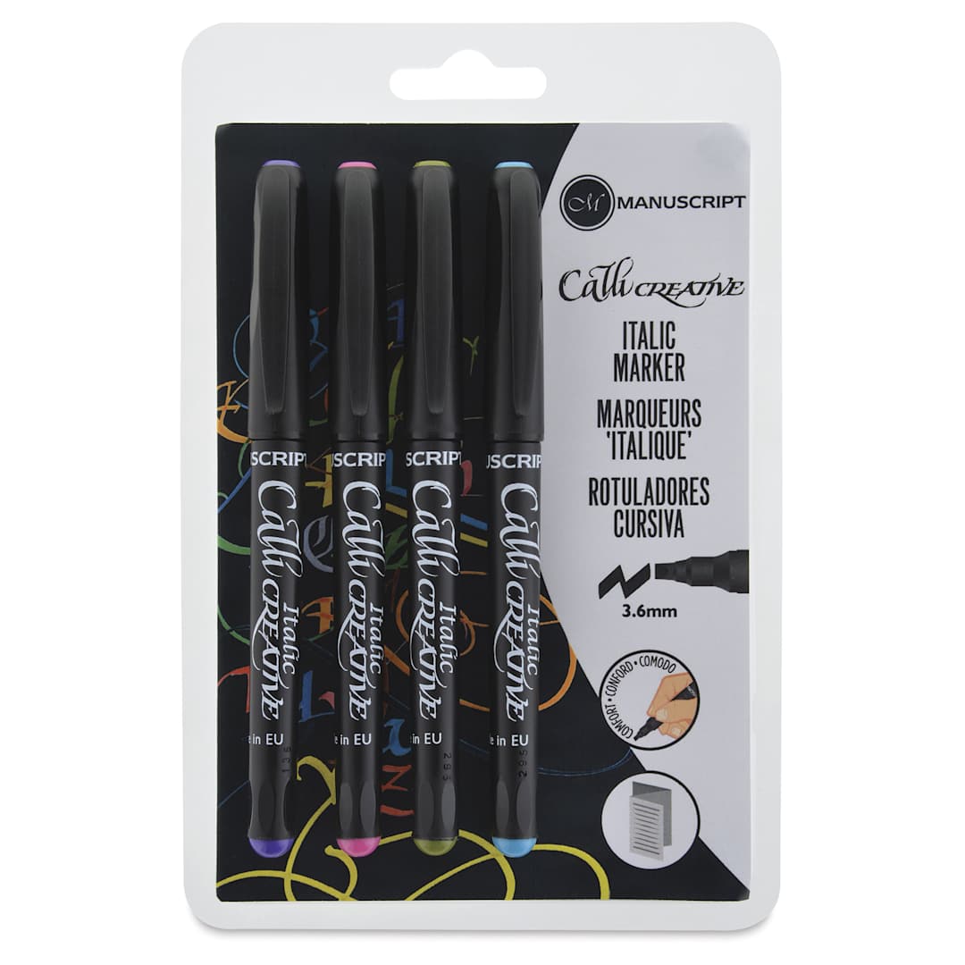 Open in modal - Manuscript CalliCreative Italic Markers - Assorted Colors, Set of 4, Broad Point, front of the packging