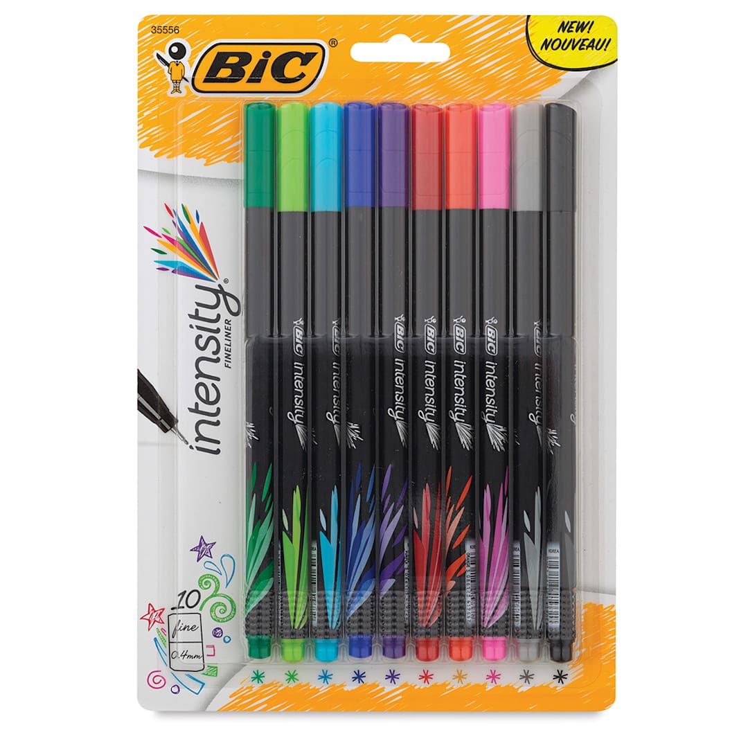 Open in modal - Bic Intensity Fineliner Marker Pen Sets - Front of blister package of 10 pc Assorted Colors Pen set