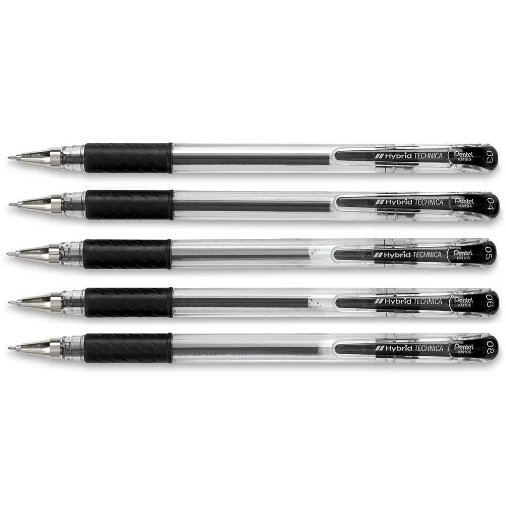 Open in modal - Pentel Arts Hybrid Technica Pens - Components of Set of 5 pens shown horizontally and uncapped