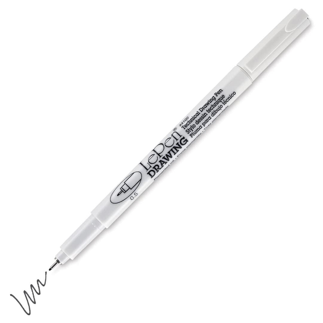Open in modal - Marvy Uchida LePen Technical Drawing Pen - 0.5 mm Tip, Black (cap off with example swatch)