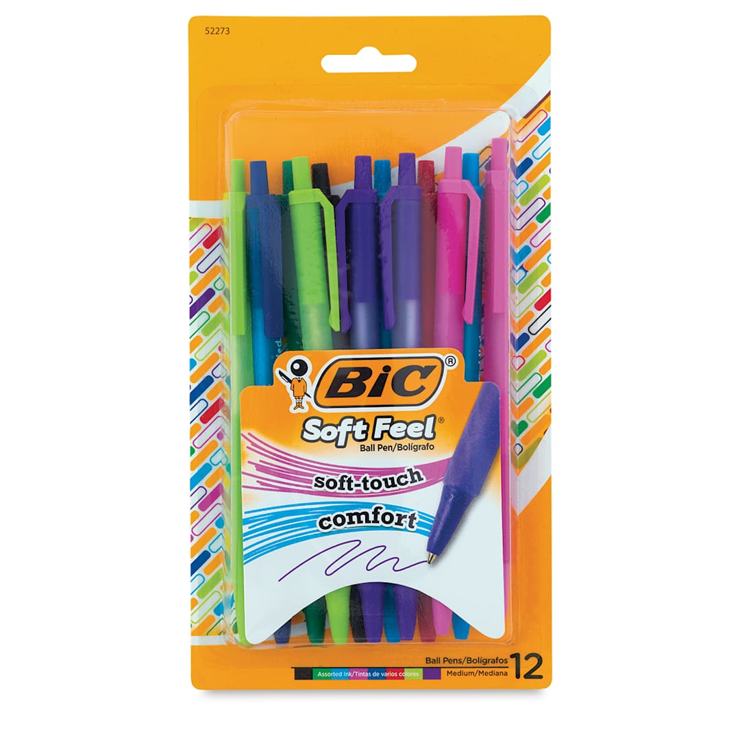 Open in modal - Bic Soft Feel Retractable Ball Point Pens - Front of blister package of set of 12