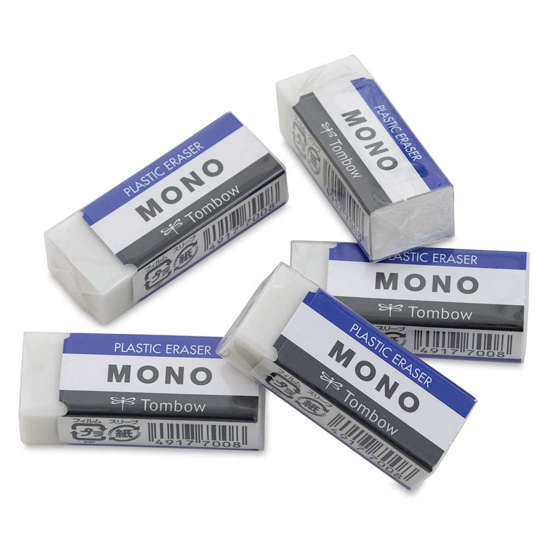 Open in modal - Tombow Mono Eraser - Top view of 5 erasers with labels

