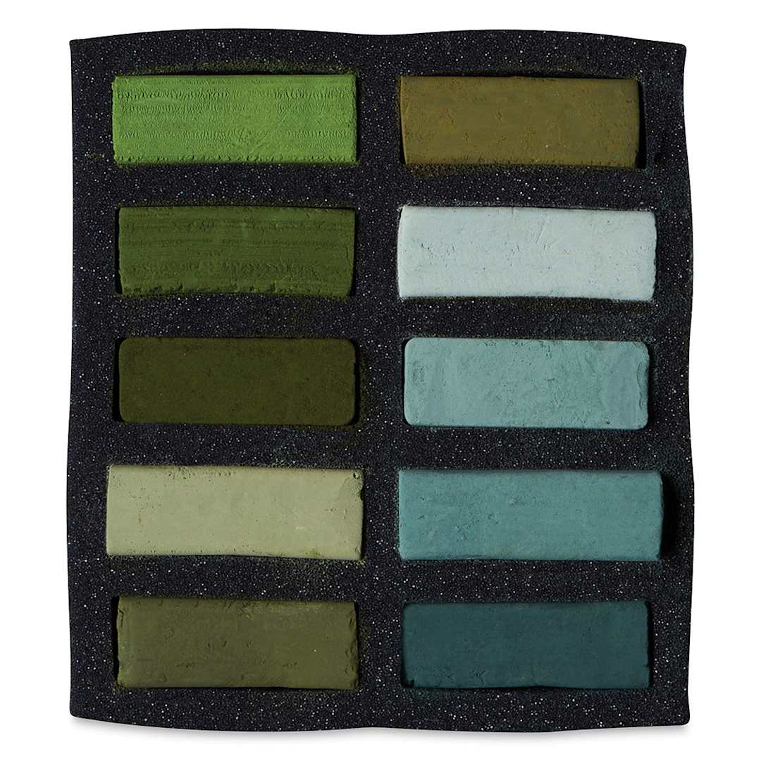 Open in modal - Art Spectrum Extra Soft Square Pastel - Greens Set of 10 shown in tray