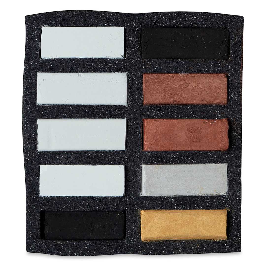 Open in modal - Art Spectrum Extra Soft Square Pastels - Black, White, and Metallics, Set of 10 (in tray)