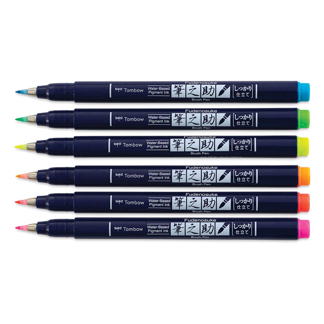 Open in modal - Tombow Fudenosuke Brush Pens - Set of 6, Neon Colors, Full view of brushes