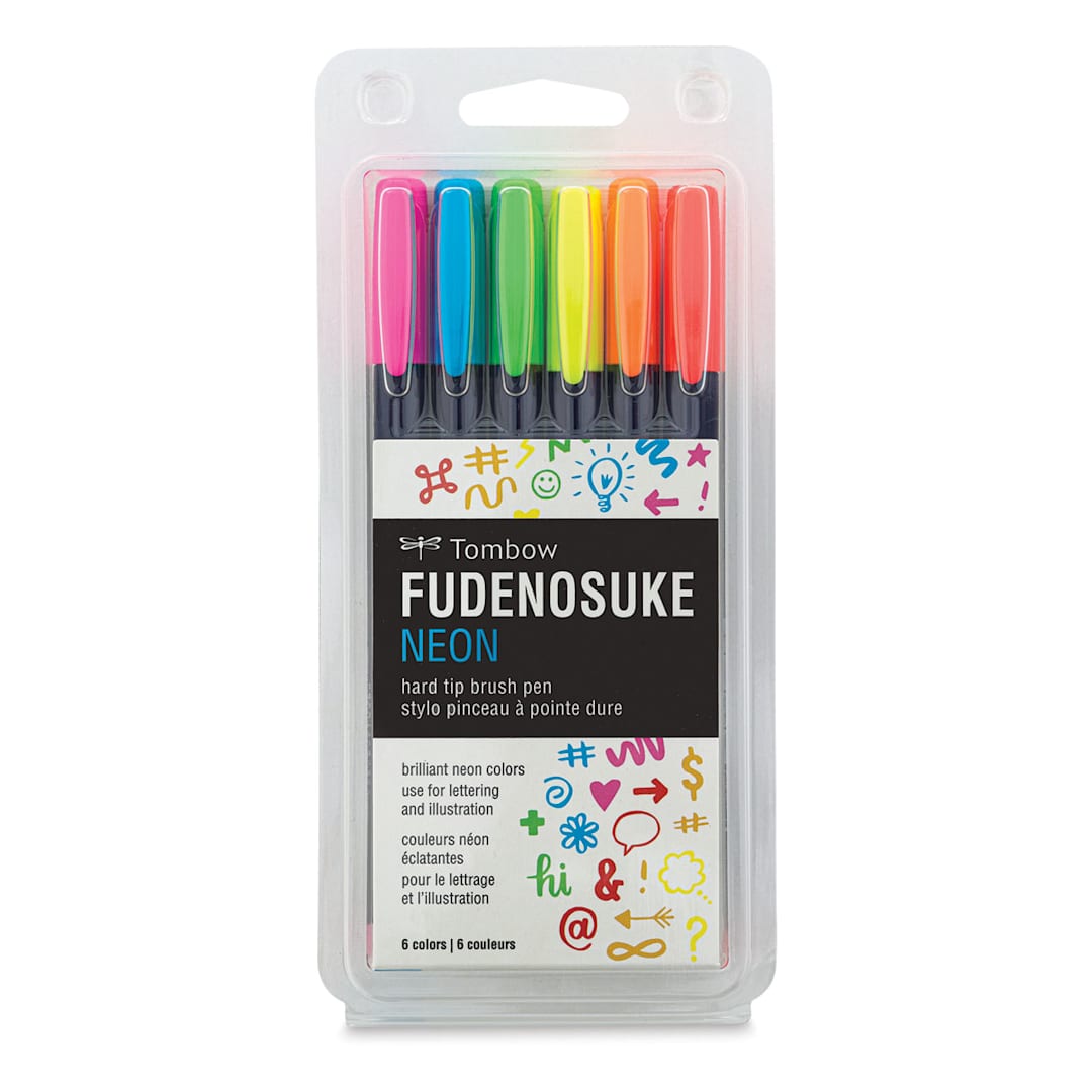 Open in modal - Tombow Fudenosuke Brush Pens - Set of 6, Neon Colors, Inside package view