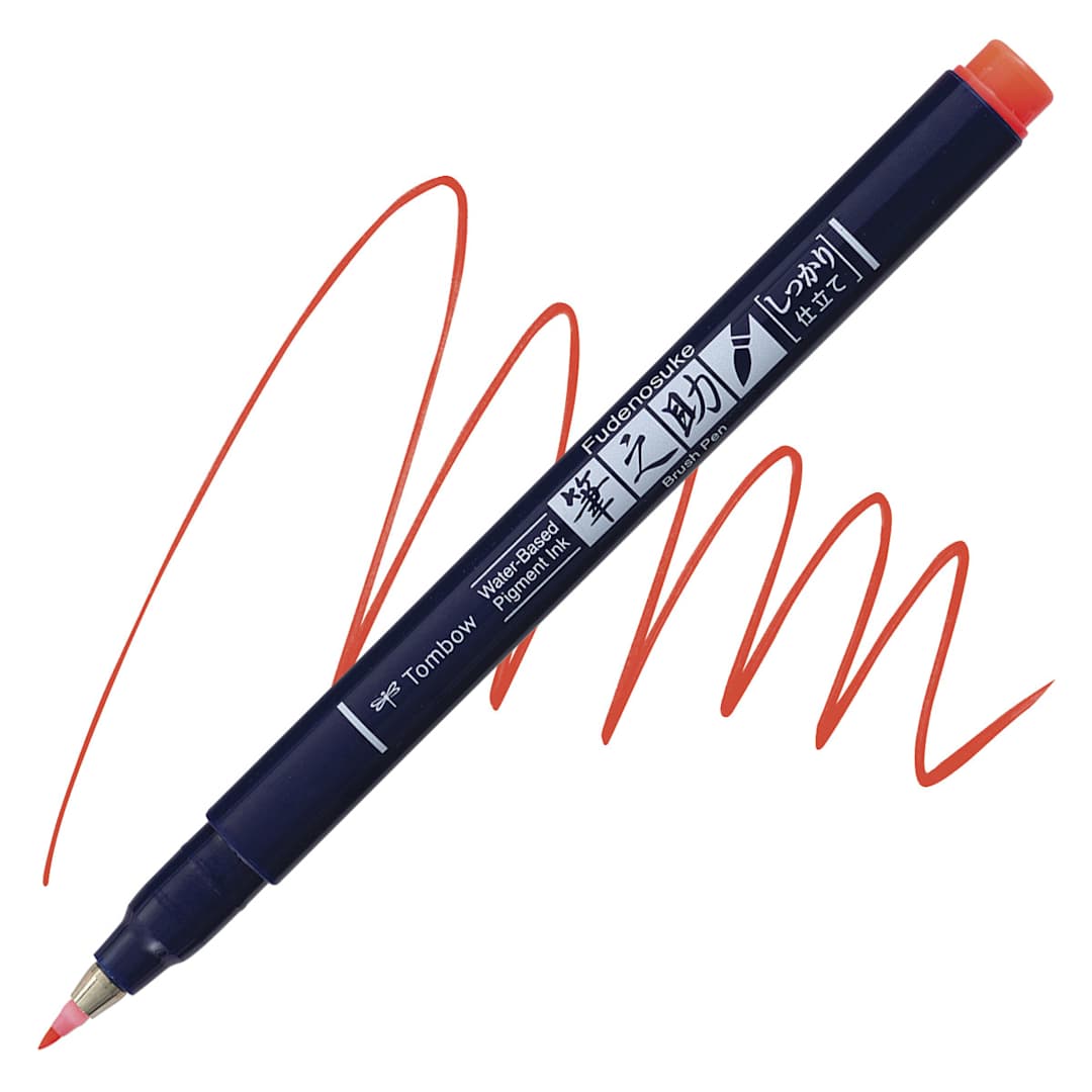 Open in modal - Tombow Fudenosuke Brush Pen - Red Neon, Hard Tip pen and swatch
