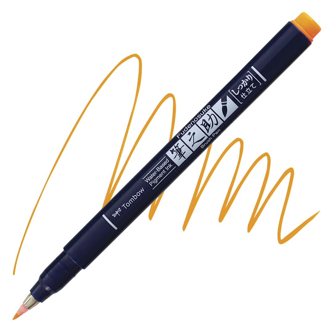 Open in modal - Tombow Fudenosuke Brush Pen - Orange Neon, Hard Tip pen and swatch