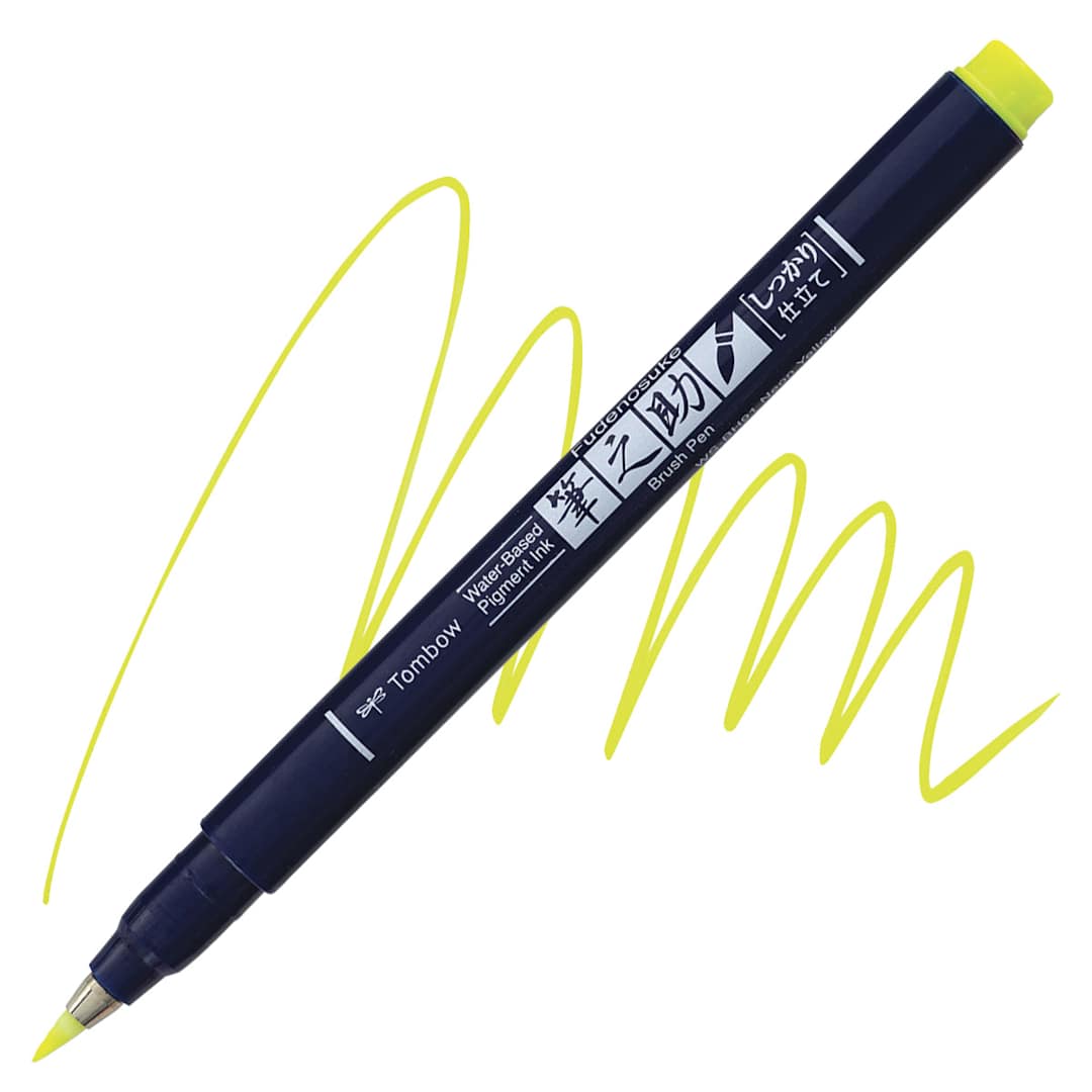 Open in modal - Tombow Fudenosuke Brush Pen - Yellow Neon, Hard Tip pen and swatch