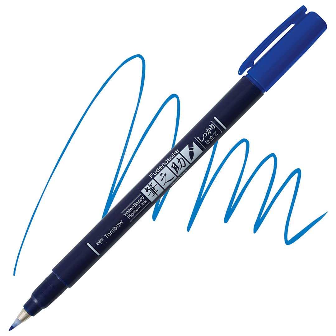 Open in modal - Tombow Fudenosuke Brush Pen - Blue, Hard Tip pen and swatch
