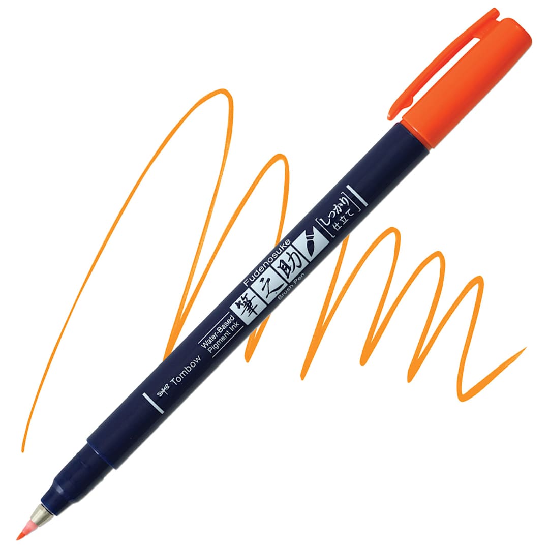 Open in modal - Tombow Fudenosuke Brush Pen - Orange, Hard Tip pen and swatch