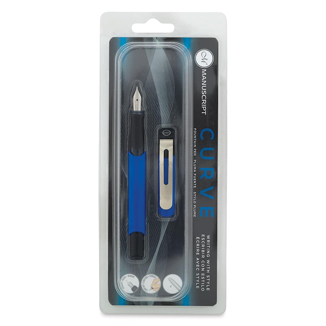 Open in modal - Manuscript Curve Fountain Pens - Front of blister package of Blue pen